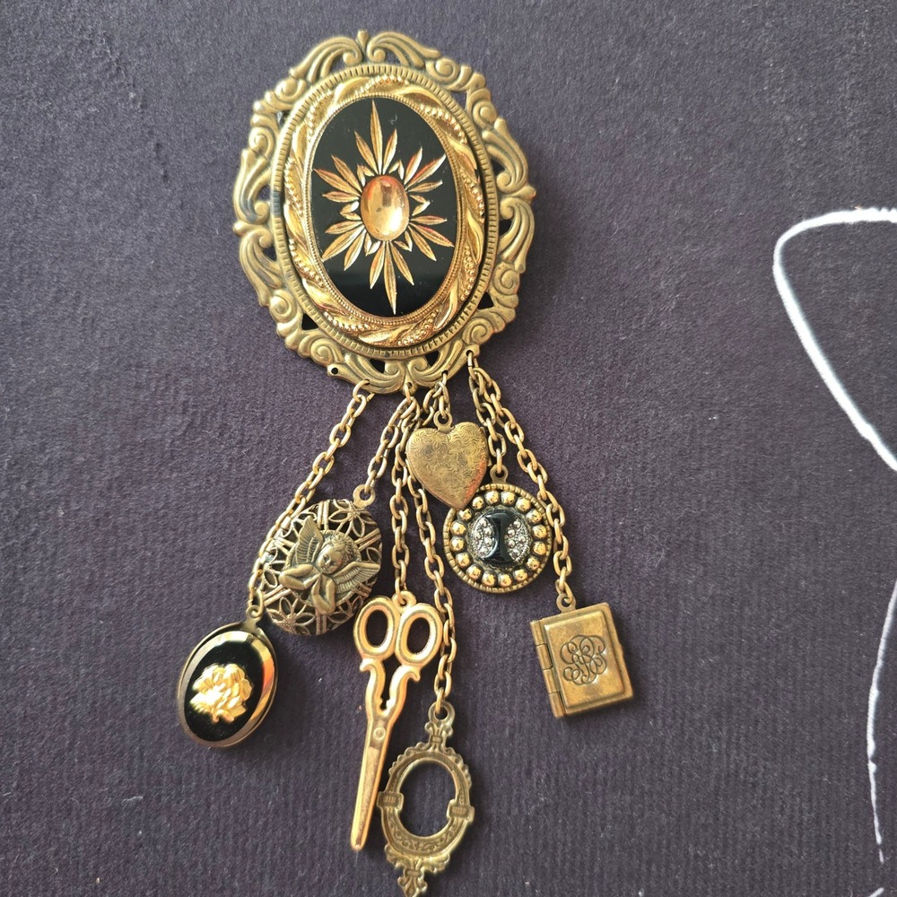 Ann Cichon Dallas Victorian Style Chatelaine Brooch Charms Sunburst Cherub Book